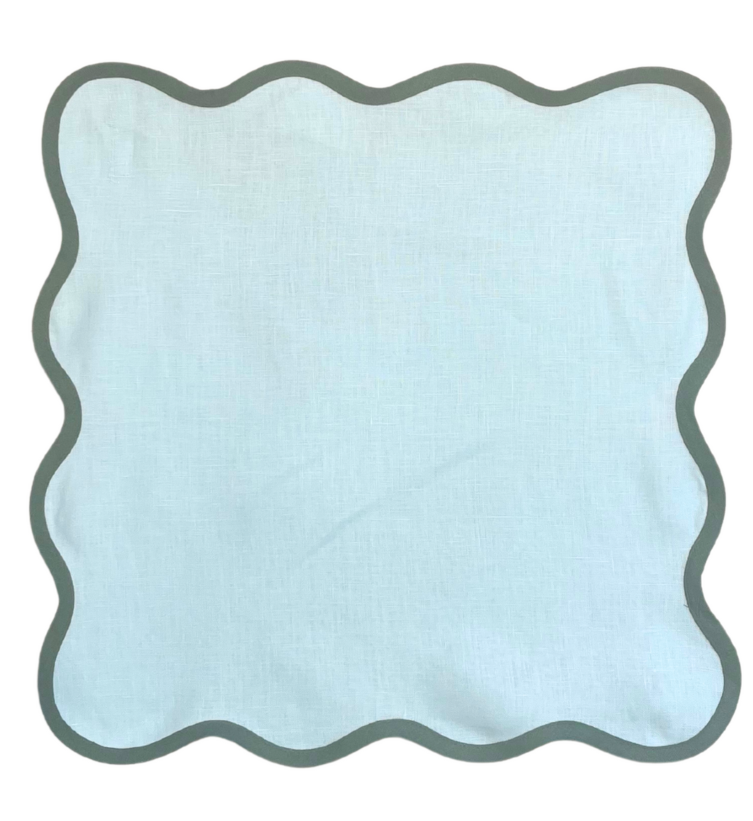 Linen Scalloped Square | Sky Blue with Pine Green Trim