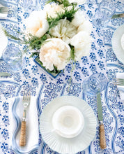 Load image into Gallery viewer, Linen Scalloped Square | Lily White with Cornflower Blue Trim
