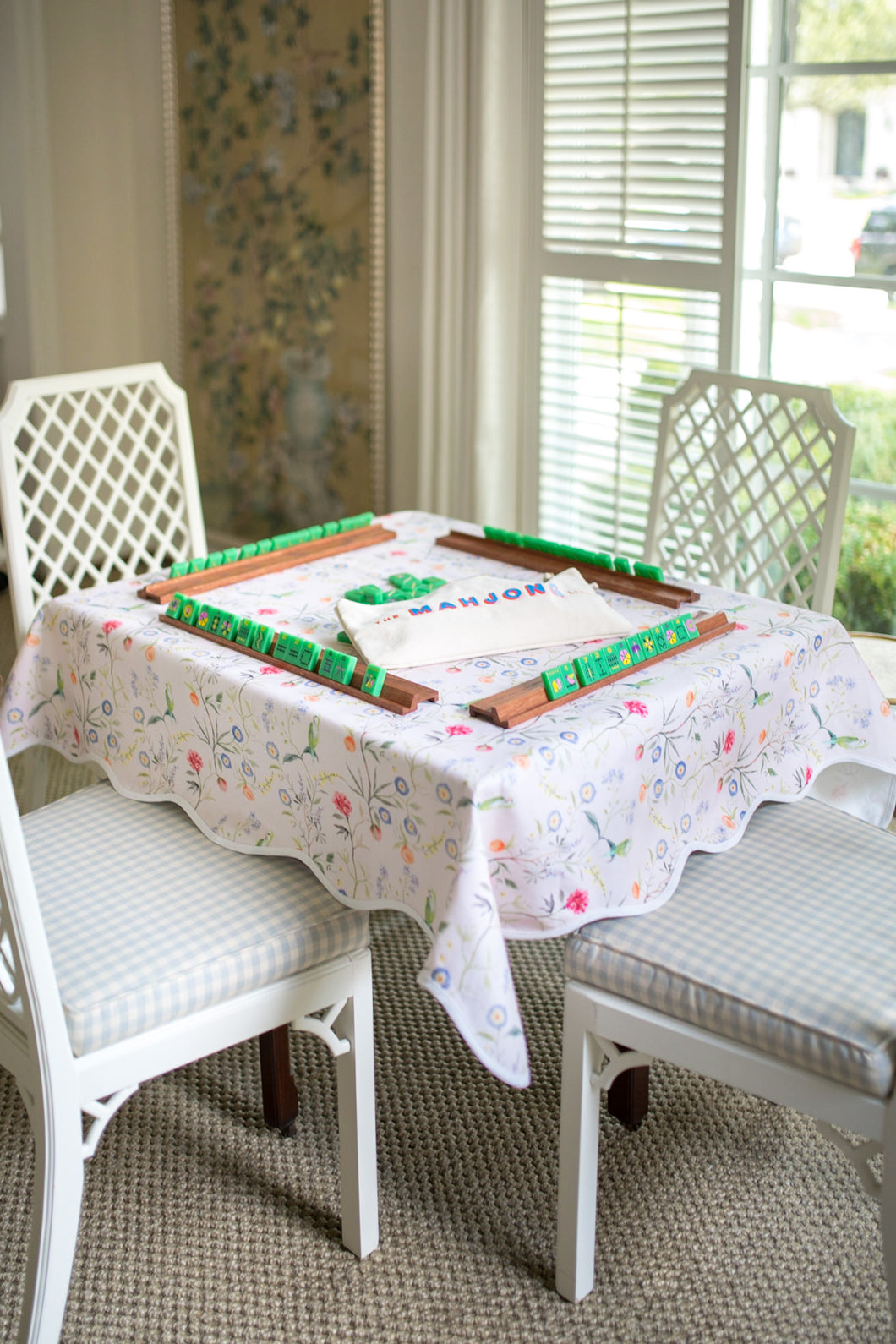 Scalloped Square Game Table Topper | Jardin de Fleurs - Peony