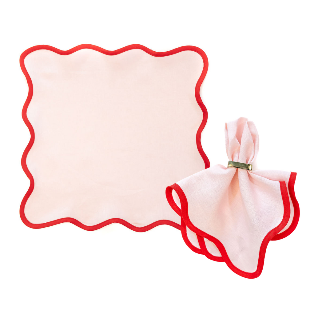 Linen Scalloped Square | Peony Pink with Red Trim