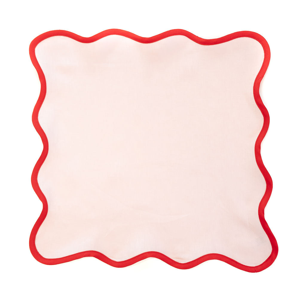 Linen Scalloped Square | Peony Pink with Red Trim