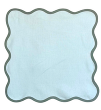Load image into Gallery viewer, Linen Scalloped Square | Sky Blue with Pine Green Trim
