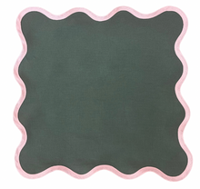 Load image into Gallery viewer, Linen Scalloped Square | Pine Green with Peony Pink trim
