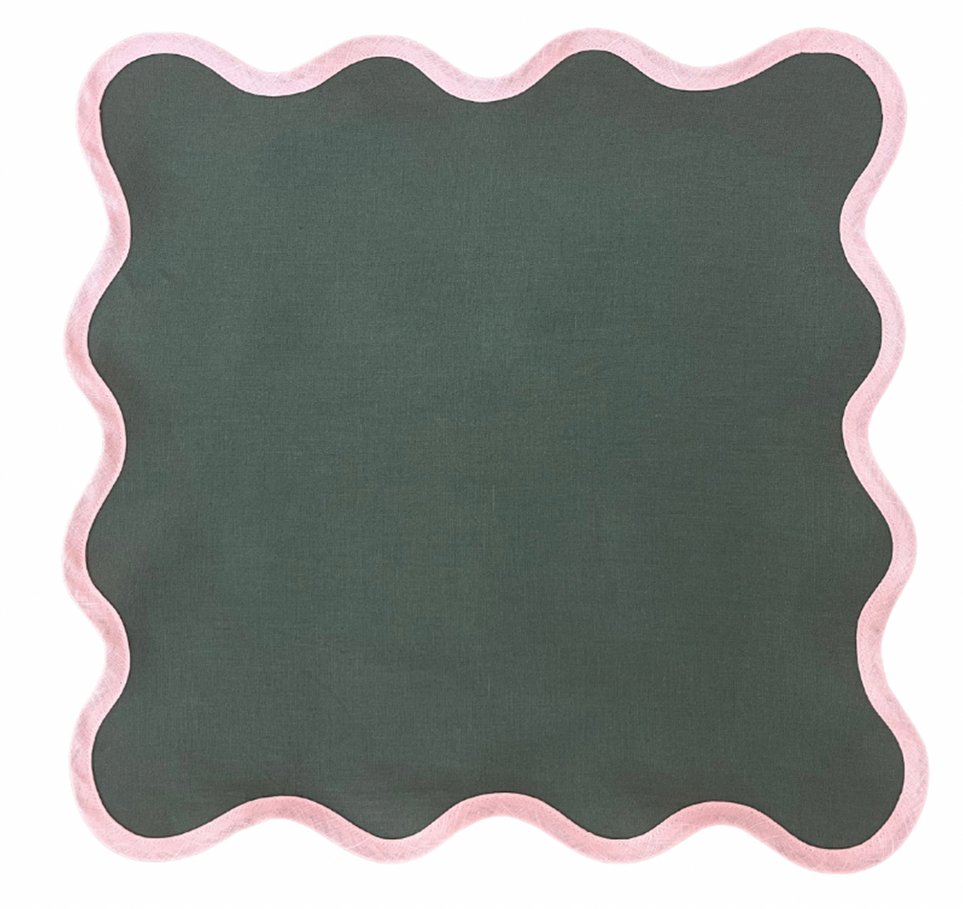 Linen Scalloped Square | Pine Green with Peony Pink trim