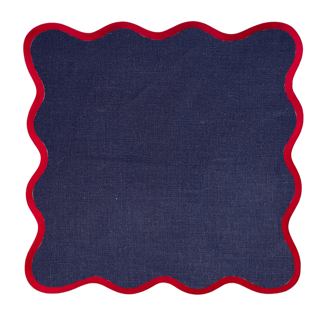 Linen Scalloped Square | Navy Blue with Red Trim