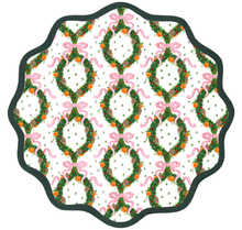 Load image into Gallery viewer, Round Scalloped Placemat | Holiday Wreath Peony Pink with Pine Trim
