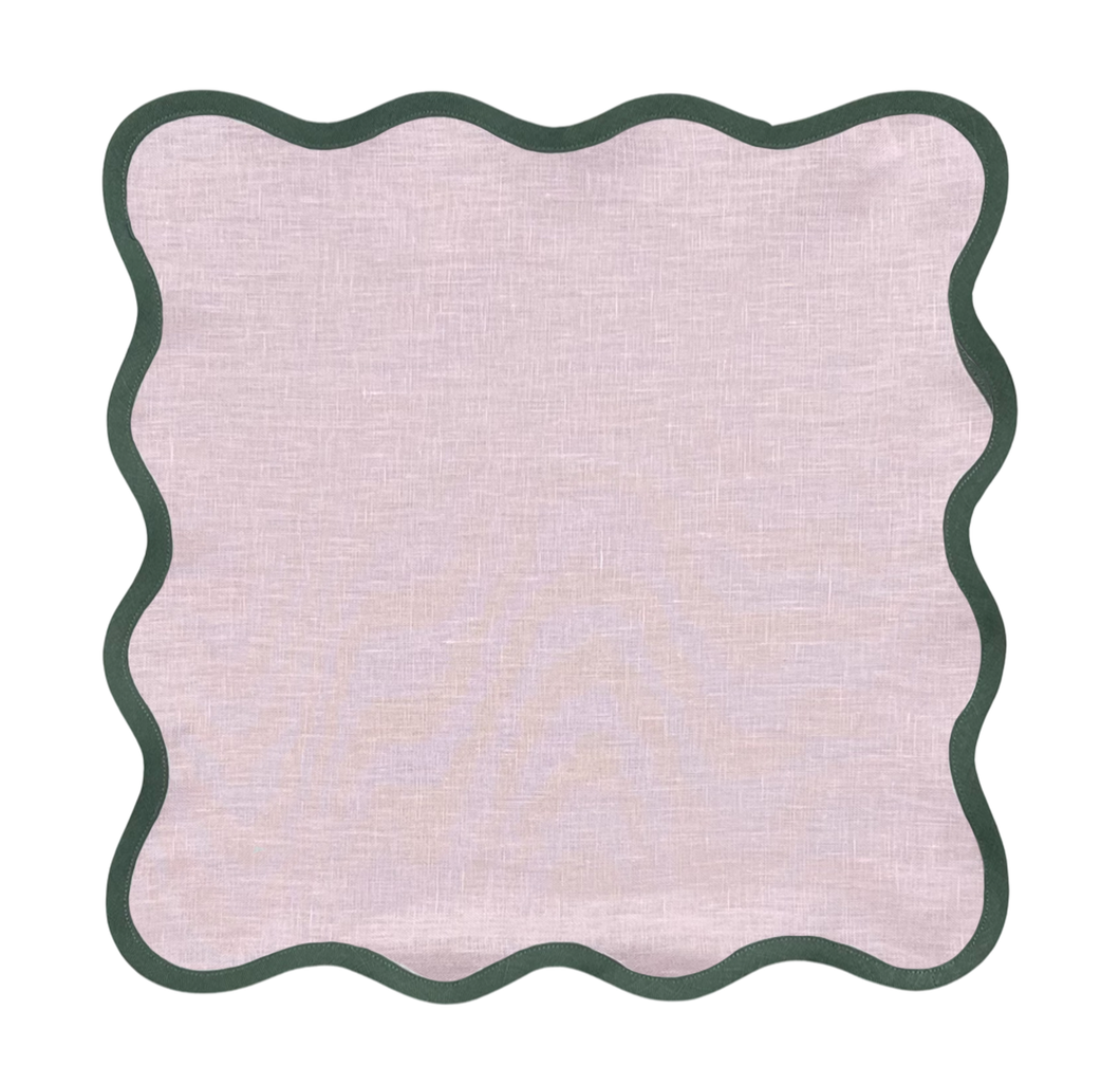 Linen Scalloped Square | Peony Pink with Pine Trim