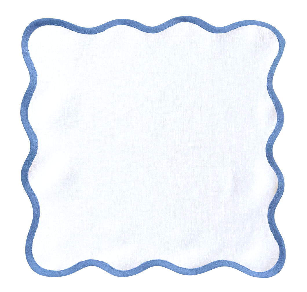 Linen Scalloped Square | Lily White with Cornflower Blue Trim