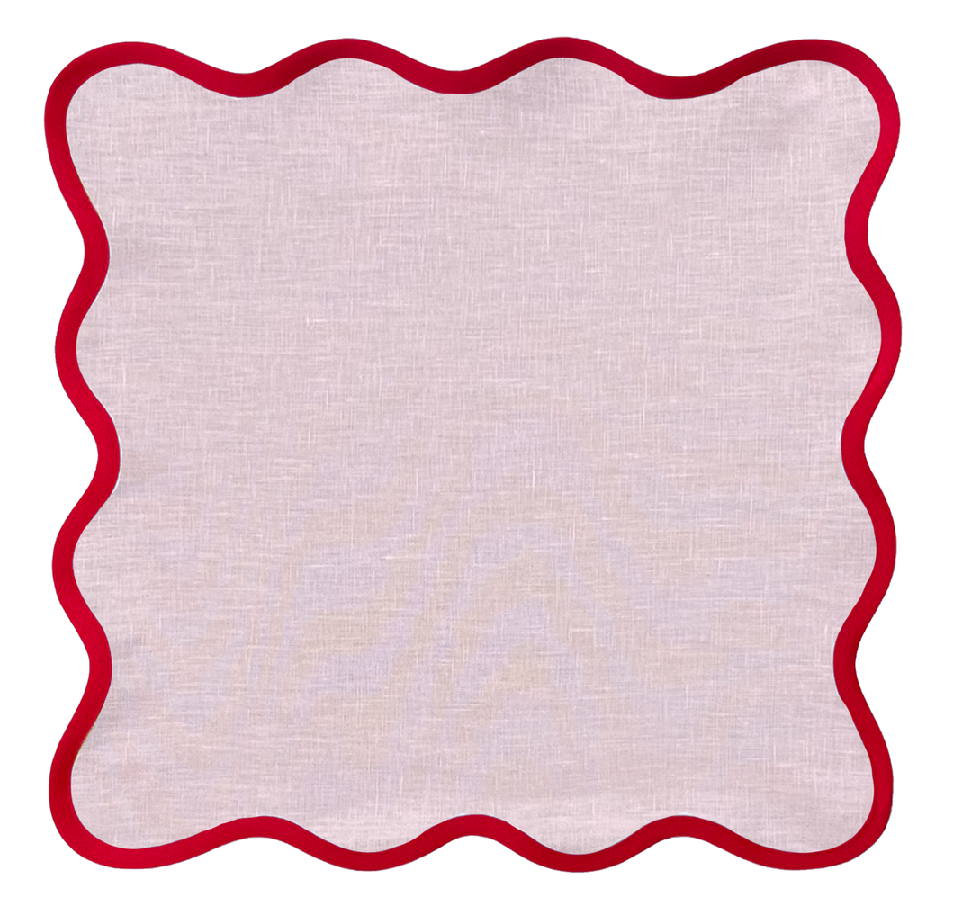 Linen Scalloped Square | Peony Pink with Red Trim