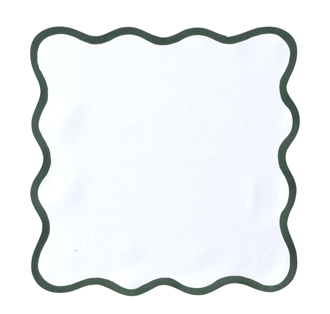 Linen Scalloped Square | Lily White with Pine Green Trim